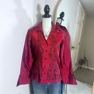 Dressbarn 90’s Red Floral Embroidered Beaded Sequence Silk Top